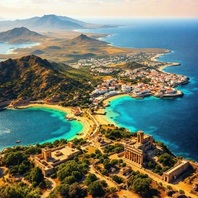 The primary subject of the image is a large, ancient Greek temple situated on a hill overlooking a beautiful blue lagoon. The setting is a picturesque landscape with a mountain range in the background, and the visual style is a combination of photo and digital art. The colors and mood of the image are serene and majestic, with the blue lagoon and the ancient temple creating a sense of awe and wonder.